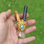Palo Santo and Machu Picchu Stone Kuripe Self Applicator | Decorated with Clear Quartz, Beads and Peruvian Turquoise Stone