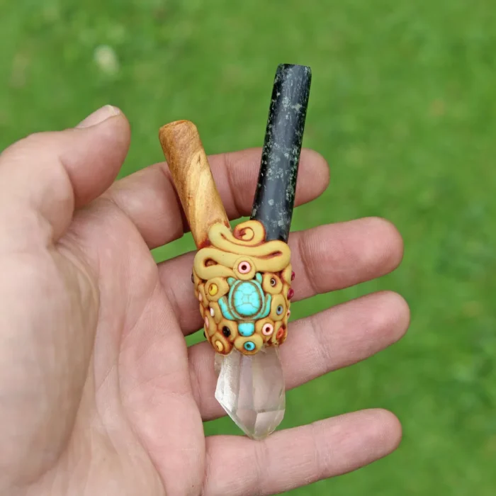 Palo Santo and Machu Picchu Stone Kuripe Self Applicator | Decorated with Clear Quartz, Beads and Peruvian Turquoise Stone