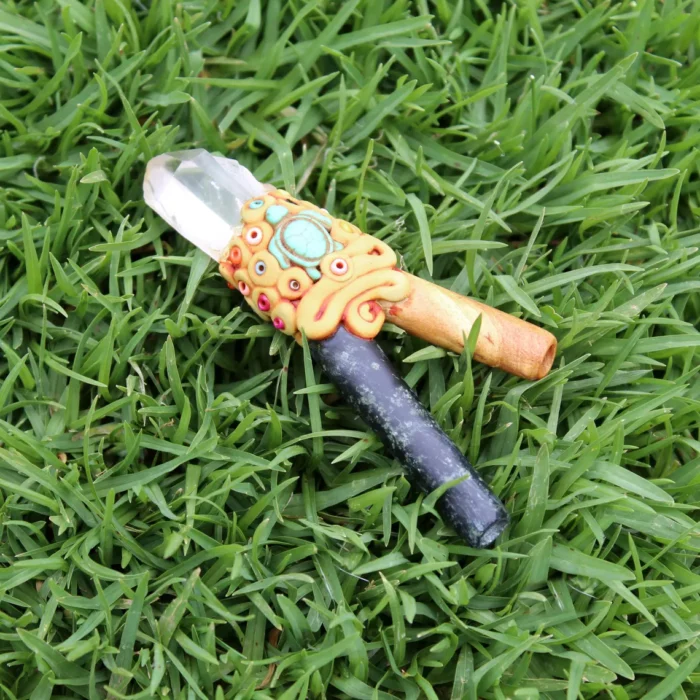 Palo Santo and Machu Picchu Stone Kuripe Self Applicator | Decorated with Clear Quartz, Beads and Peruvian Turquoise Stone