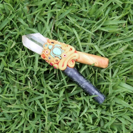 Palo Santo and Machu Picchu Stone Kuripe Self Applicator | Decorated with Clear Quartz, Beads and Peruvian Turquoise Stone