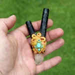 Machu Picchu Stone Kuripe Self Applicator | Decorated with Clear Quartz, Beads and Peruvian Turquoise Stone