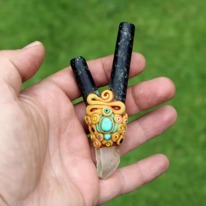 Machu Picchu Stone Kuripe Self Applicator | Decorated with Clear Quartz, Beads and Peruvian Turquoise Stone