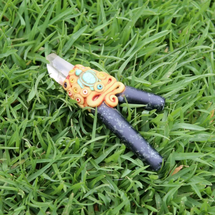 Machu Picchu Stone Kuripe Self Applicator | Decorated with Clear Quartz, Beads and Peruvian Turquoise Stone