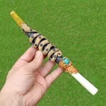 Tepi Applicator made of Llama Bone and Yellow Stone | Decorated with Healer Snake Figure, Peruvian Turquoise and Coca Leaf Figure