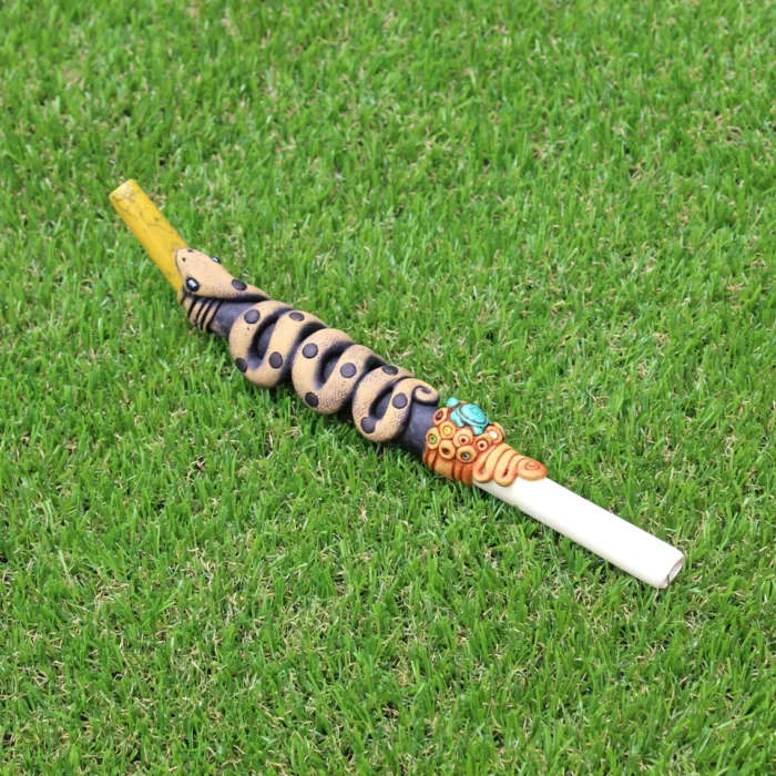 Tepi Applicator made of Llama Bone and Yellow Stone | Decorated with Healer Snake Figure, Peruvian Turquoise and Coca Leaf Figure