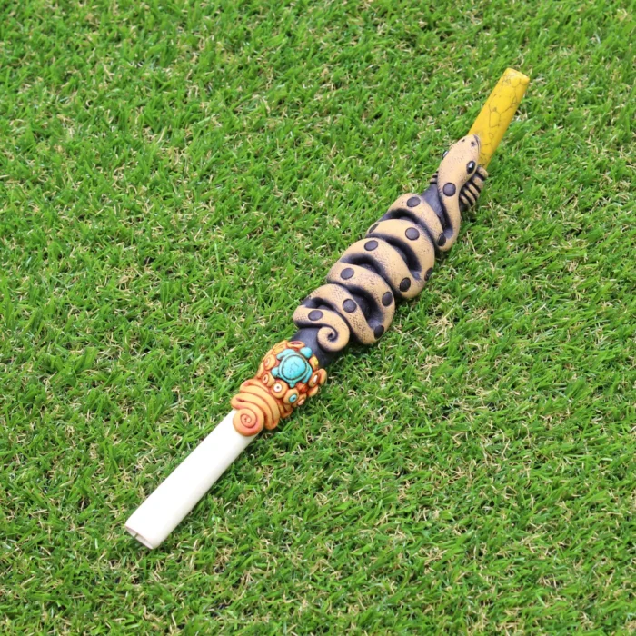Tepi Applicator made of Llama Bone and Yellow Stone | Decorated with Healer Snake Figure, Peruvian Turquoise and Coca Leaf Figure