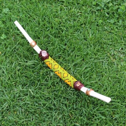 Tepi Applicator made of Bone | Decorated with Shipibo Beads, Mother of Pearl, Clear Quartz, Peruvian Turquoise and Aya Vine