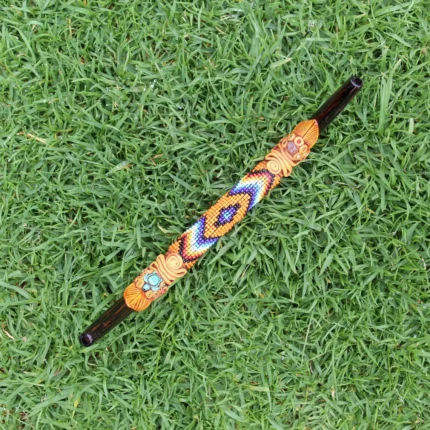 Tepi Applicator made of Chonta Wood | Decorated with Shipibo Beads, Pink Jade, Peruvian Turquoise Turtle and Coca Leaf Figure