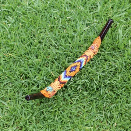 Tepi Applicator made of Chonta Wood | Decorated with Shipibo Beads, Pink Jade, Peruvian Turquoise Turtle and Coca Leaf Figure