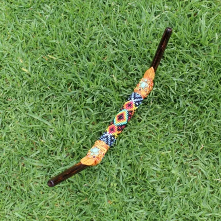 Tepi Applicator made of Palo Santo and Chonta Wood | Decorated with Shipibo Beads, Peruvian Turquoise Turtle and Coca Leaf Figure
