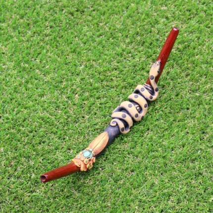 Tepi Applicator made of Palo Sangre | Decorated with Healer Snake Figure, Peruvian Turquoise and Coca Leaf Figure