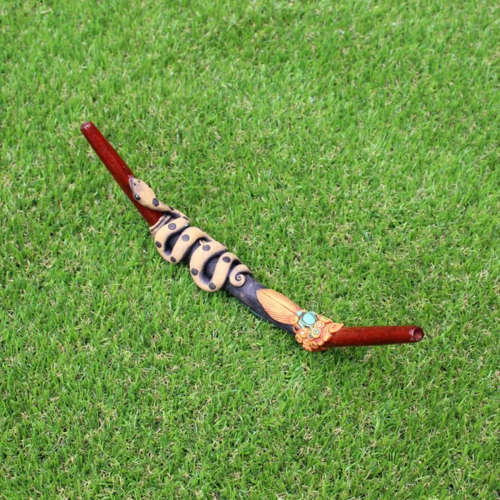Tepi Applicator made of Palo Sangre | Decorated with Healer Snake Figure, Peruvian Turquoise and Coca Leaf Figure