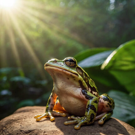 A cute kambo frog meditating with the amazon jungle in the background and the sun streaming through the trees.