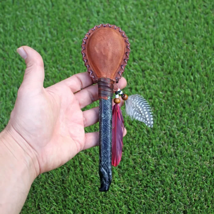 Eagle Figure Shamanic Rattle ( Maracas ) from Peru | Handle part made of Machu Picchu Stone | Decorated with Domestic Feather