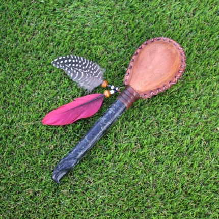 Eagle Figure Shamanic Rattle ( Maracas ) from Peru | Handle part made of Machu Picchu Stone | Decorated with Domestic Feather