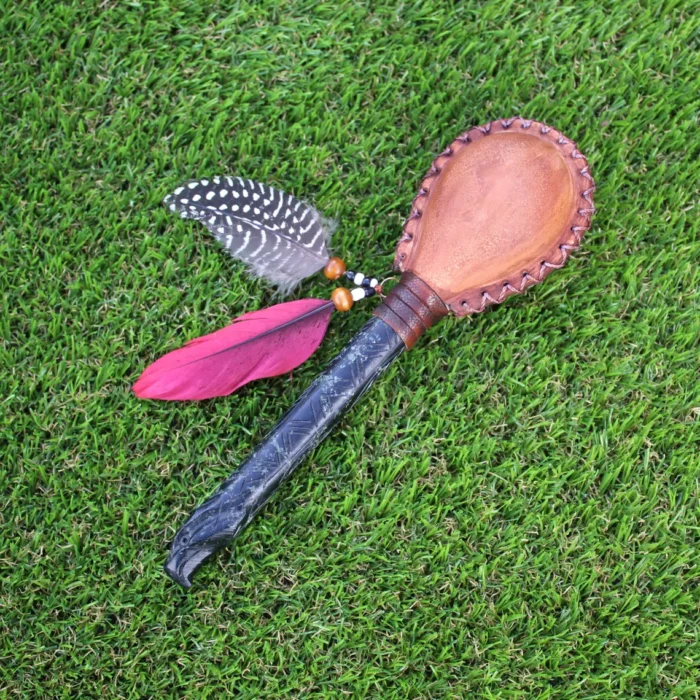 Eagle Figure Shamanic Rattle ( Maracas ) from Peru | Handle part made of Machu Picchu Stone | Decorated with Domestic Feather