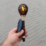 Hummingbird Rattle Decorated with Beads, Domestic Feather and Peruvian Turquoise | Shamanic Rattle from Peru | Handle made of Madera Negra