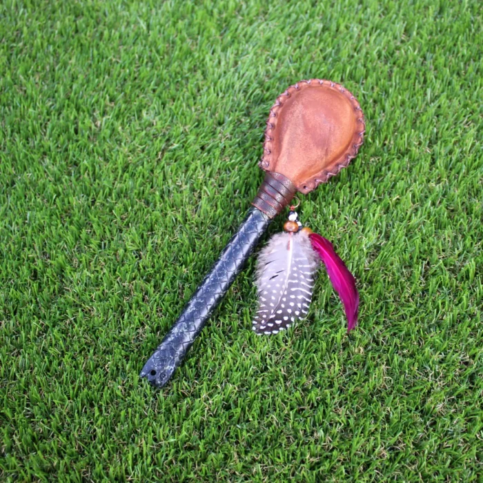 Snake Figure Shamanic Rattle ( Maracas ) from Peru | Handle part made of Machu Picchu Stone | Decorated with Domestic Feather