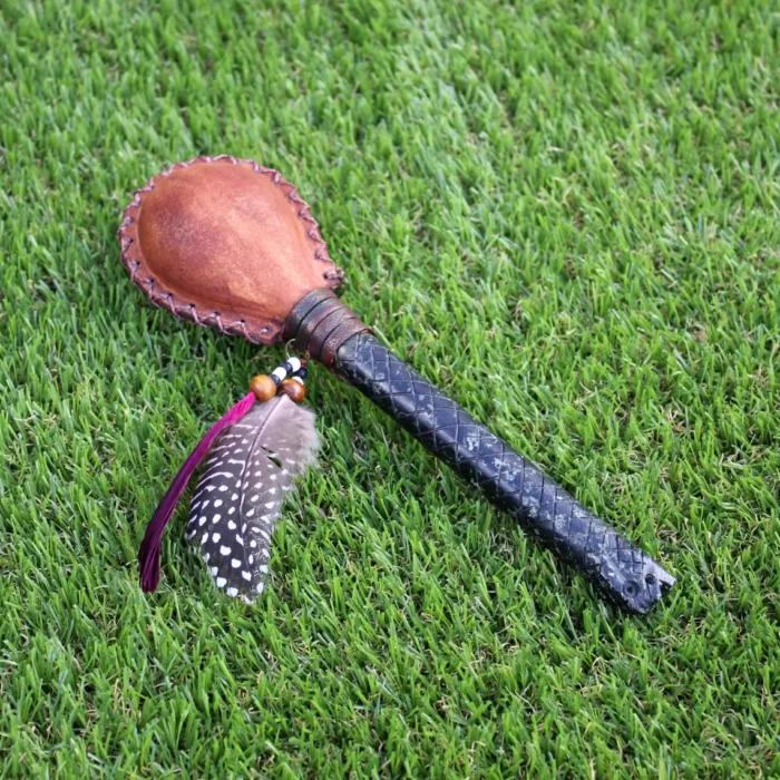 Snake Figure Shamanic Rattle ( Maracas ) from Peru | Handle part made of Machu Picchu Stone | Decorated with Domestic Feather