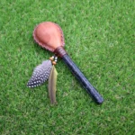 Chakana Shaped Shamanic Rattle | Handle part made of Machu Picchu Stone | Decorated with Domestic Feather | Peruvian Musical Instruments