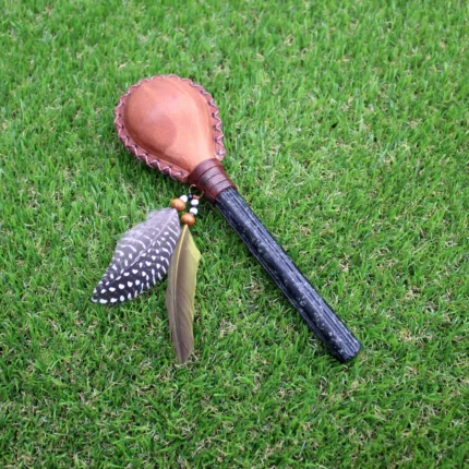 Chakana Shaped Shamanic Rattle | Handle part made of Machu Picchu Stone | Decorated with Domestic Feather | Peruvian Musical Instruments