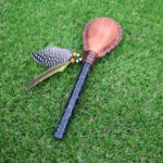 Chakana Shaped Shamanic Rattle | Handle part made of Machu Picchu Stone | Decorated with Domestic Feather | Peruvian Musical Instruments