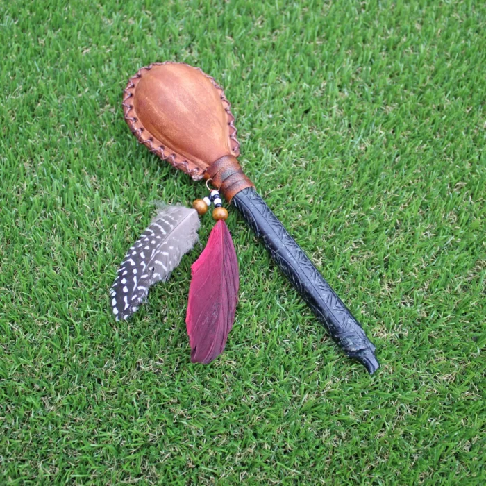 Condor Figure Shamanic Rattle | Handle part made of Machu Picchu Stone | Decorated with Domestic Feather | Peruvian Musical Instruments