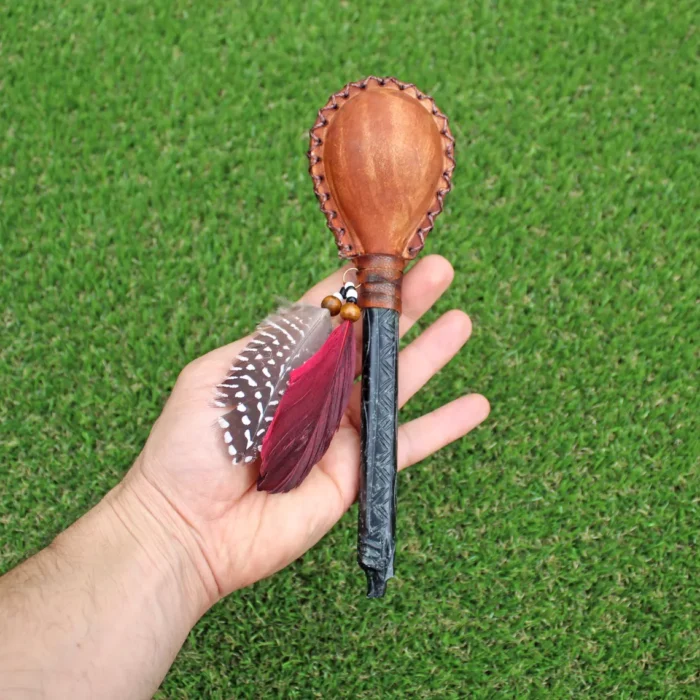 Condor Figure Shamanic Rattle | Handle part made of Machu Picchu Stone | Decorated with Domestic Feather | Peruvian Musical Instruments