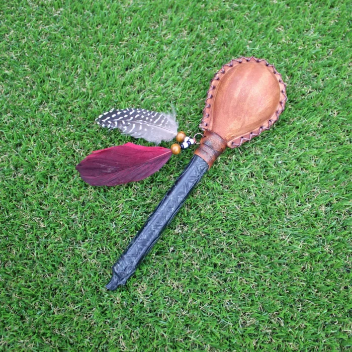 Condor Figure Shamanic Rattle | Handle part made of Machu Picchu Stone | Decorated with Domestic Feather | Peruvian Musical Instruments