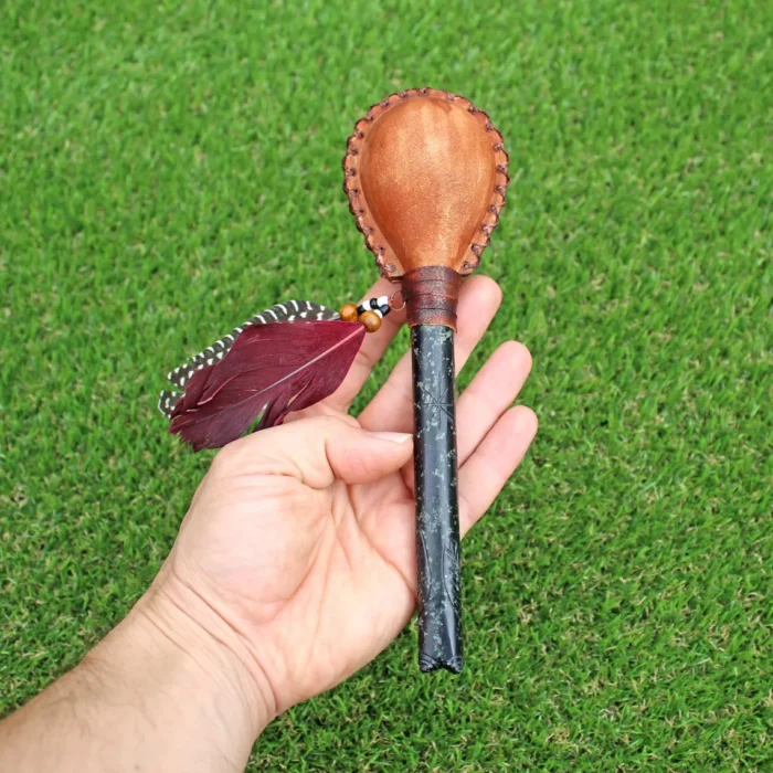 For Heart Chakra Shamanic Rattle | Handle part made of Machu Picchu Stone | Decorated with Domestic Feather | Peruvian Musical Instruments