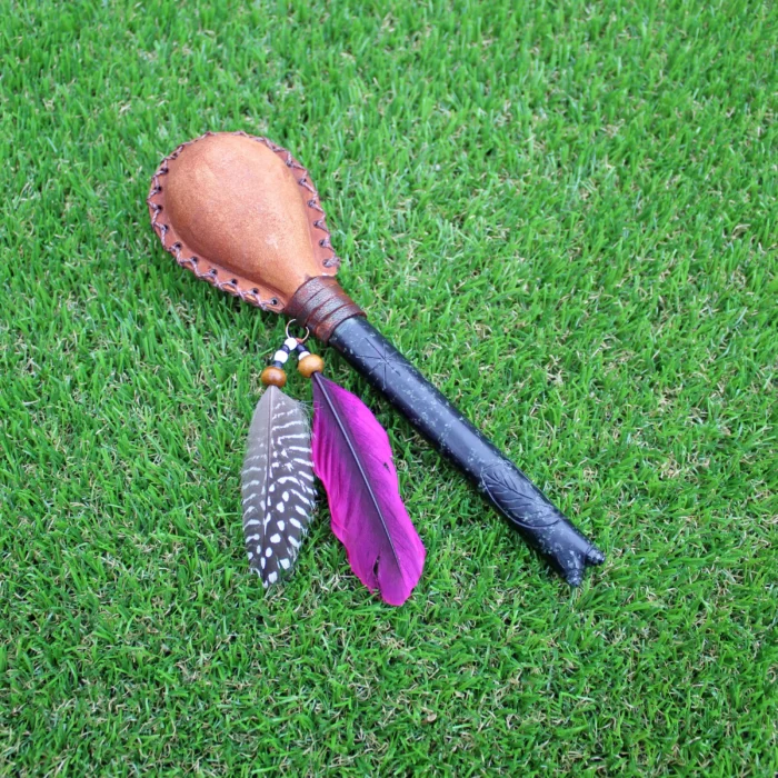 For Solar Plexus Shamanic Rattle | Handle part made of Machu Picchu Stone | Decorated with Domestic Feather | Peruvian Instruments