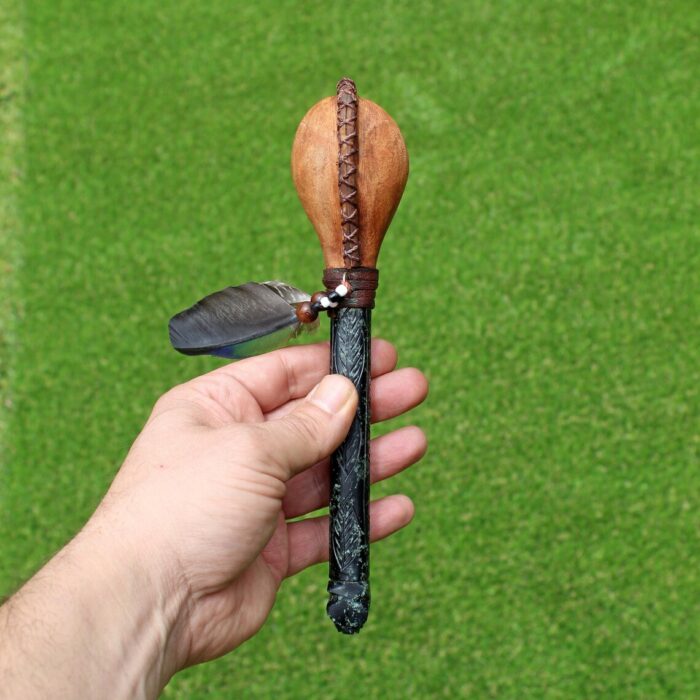 Jaguar Figure Shamanic Rattle | Handle part made of Machu Picchu Stone | Decorated with Domestic Feather | Peruvian Musical Instruments