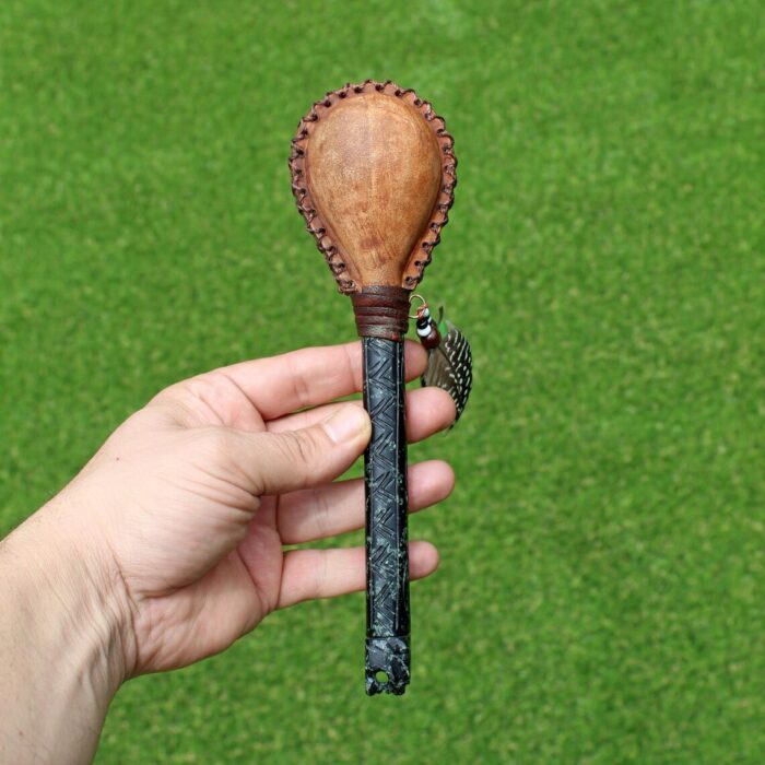 Jaguar Figure Shamanic Rattle | Handle part made of Machu Picchu Stone | Decorated with Domestic Feather | Peruvian Musical Instruments