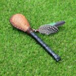 Jaguar Figure Shamanic Rattle | Handle part made of Machu Picchu Stone | Decorated with Domestic Feather | Peruvian Musical Instruments