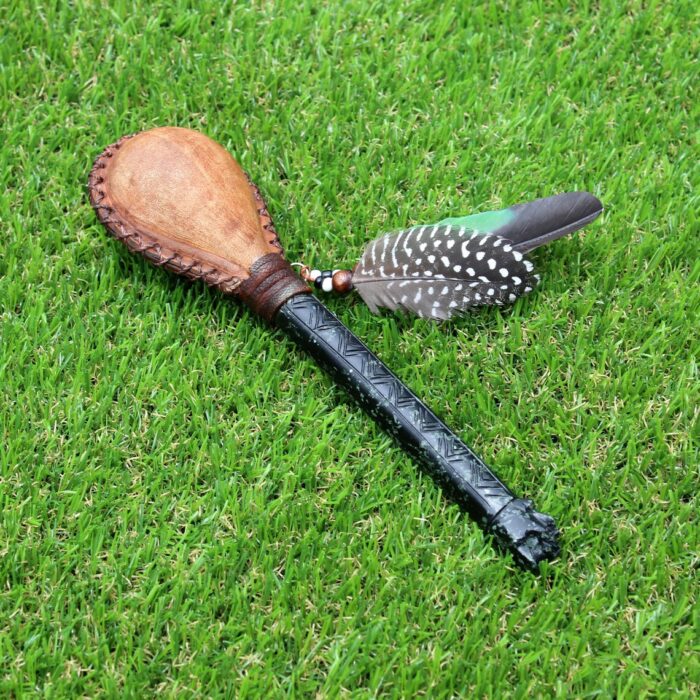 Jaguar Figure Shamanic Rattle | Handle part made of Machu Picchu Stone | Decorated with Domestic Feather | Peruvian Musical Instruments