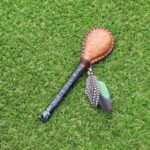 Jaguar Figure Shamanic Rattle | Handle part made of Machu Picchu Stone | Decorated with Domestic Feather | Peruvian Musical Instruments