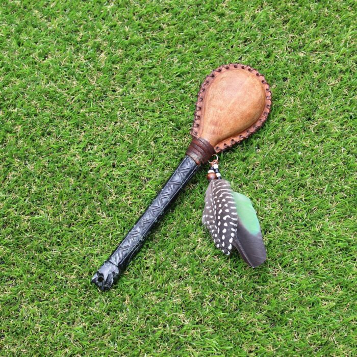 Jaguar Figure Shamanic Rattle | Handle part made of Machu Picchu Stone | Decorated with Domestic Feather | Peruvian Musical Instruments