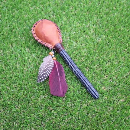 San Pedro Cactus Figure Shamanic Rattle | Handle part made of Machu Picchu Stone | Decorated with Domestic Feather | Peruvian Instruments