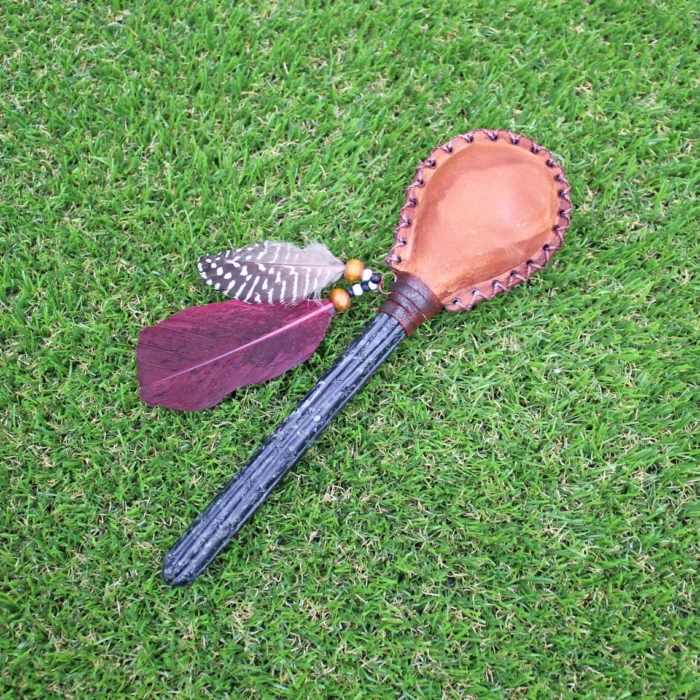 San Pedro Cactus Figure Shamanic Rattle | Handle part made of Machu Picchu Stone | Decorated with Domestic Feather | Peruvian Instruments