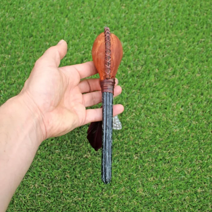 San Pedro Cactus Figure Shamanic Rattle | Handle part made of Machu Picchu Stone | Decorated with Domestic Feather | Peruvian Instruments