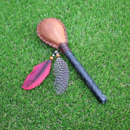 Skull Figure Shamanic Rattle | Handle part made of Machu Picchu Stone | Decorated with Domestic Feather | Peruvian Musical Instruments