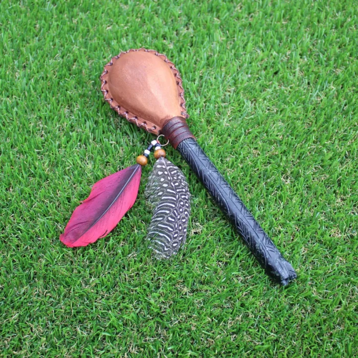 Skull Figure Shamanic Rattle | Handle part made of Machu Picchu Stone | Decorated with Domestic Feather | Peruvian Musical Instruments