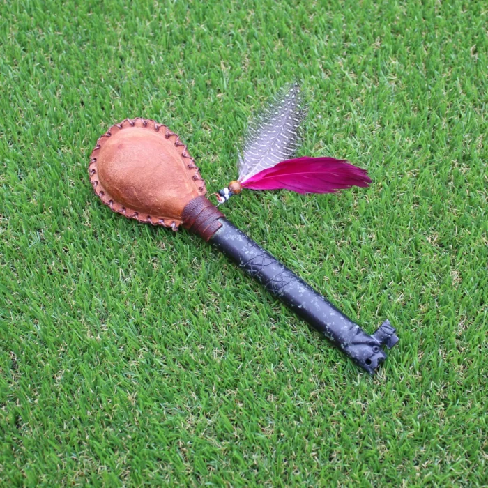 Trilogy Figure Shamanic Rattle | Handle part made of Machu Picchu Stone | Decorated with Domestic Feather | Peruvian Musical Instruments