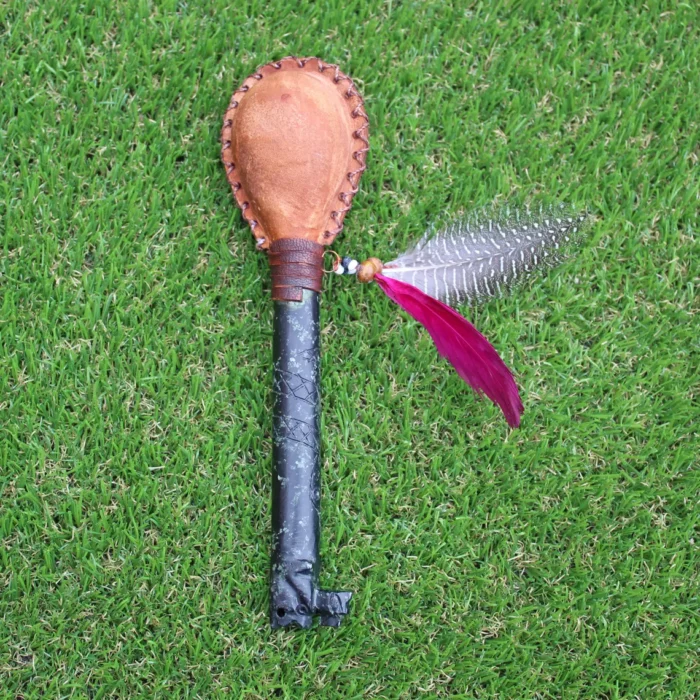 Trilogy Figure Shamanic Rattle | Handle part made of Machu Picchu Stone | Decorated with Domestic Feather | Peruvian Musical Instruments