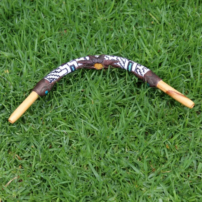 Shipibo Embroidered Tepi Applicator made of Palo Santo | Decorated with Shipibo Embroidery, a piece of Aya Vine and Peruvian Turquoise