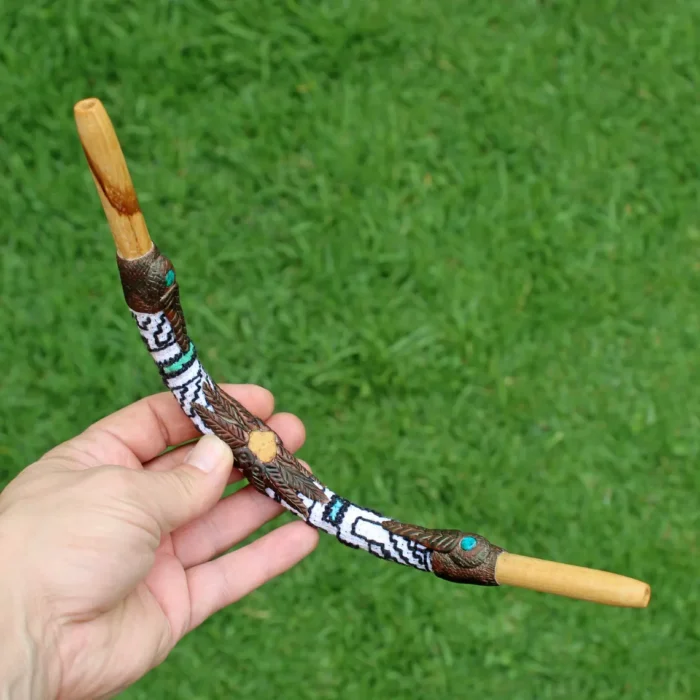 Shipibo Embroidered Tepi Applicator made of Palo Santo | Decorated with Shipibo Embroidery, a piece of Aya Vine and Peruvian Turquoise