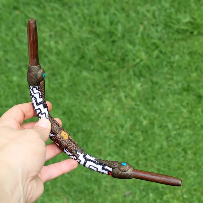 Shipibo Embroidered Tepi Applicator made of Madera Negra | Decorated with Shipibo Embroidery, a piece of Aya Vine and Peruvian Turquoise