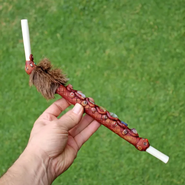 Tepi Applicator made of Llama Bone | Decorated with Peruvian Turquoise, 7 Chakra' s Stone and Fox Fur