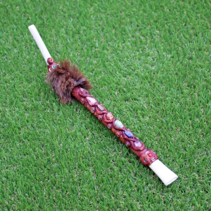 Tepi Applicator made of Llama Bone | Decorated with Peruvian Turquoise, 7 Chakra' s Stone and Fox Fur