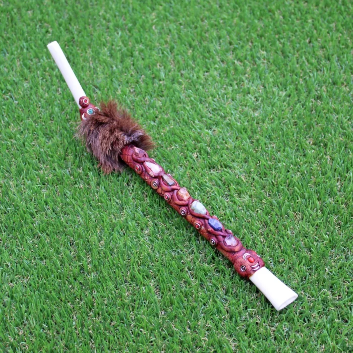 Tepi Applicator made of Llama Bone | Decorated with Peruvian Turquoise, 7 Chakra' s Stone and Fox Fur